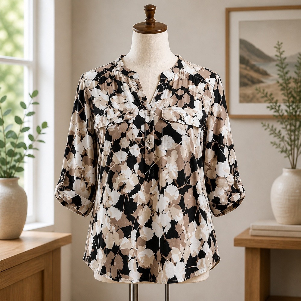 Croft & Barrow Womens Large Floral Leaf Print 3/4 Sleeve Stretch Blouse Tan